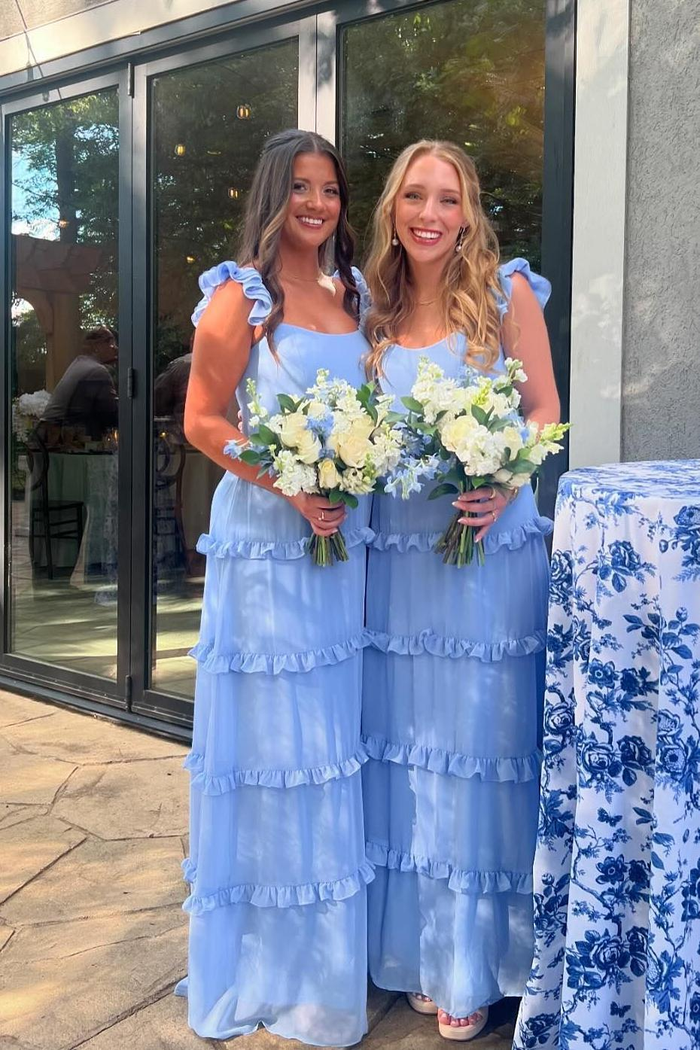 Fariy Sheath Square Neck Blue Satin Bridesmaid Dress