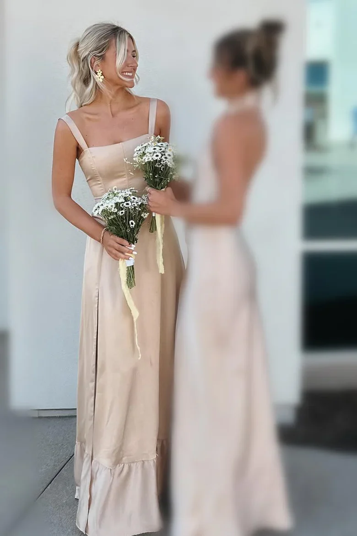 Fashion Sheath Straps Satin Tea Length Bridesmaid Dresses with Slit