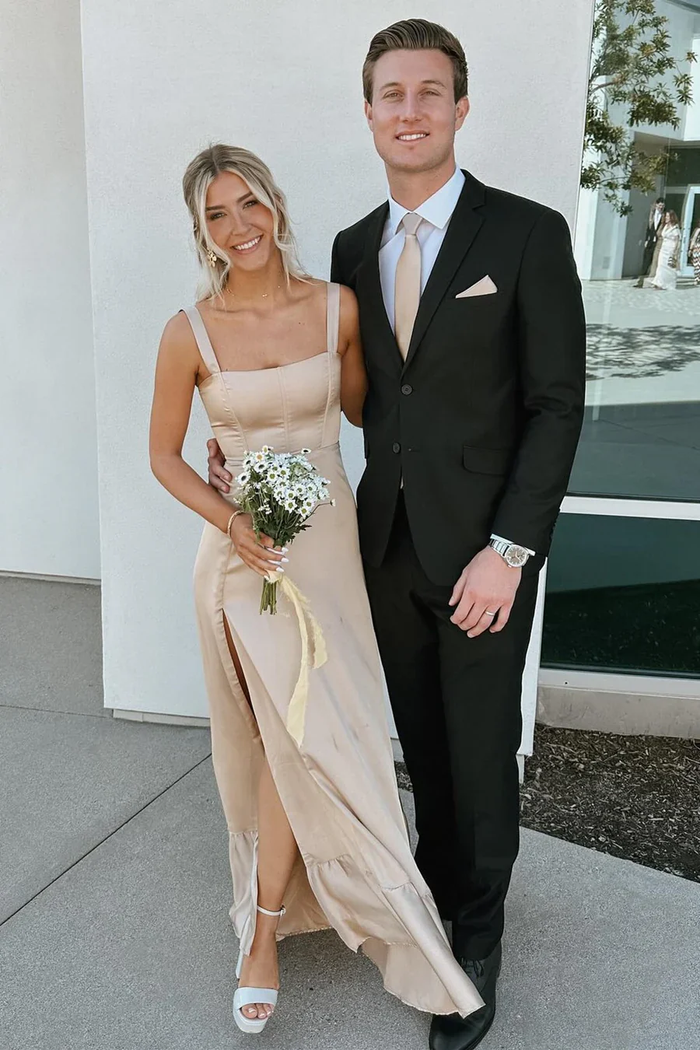 Fashion Sheath Straps Satin Tea Length Bridesmaid Dresses with Slit