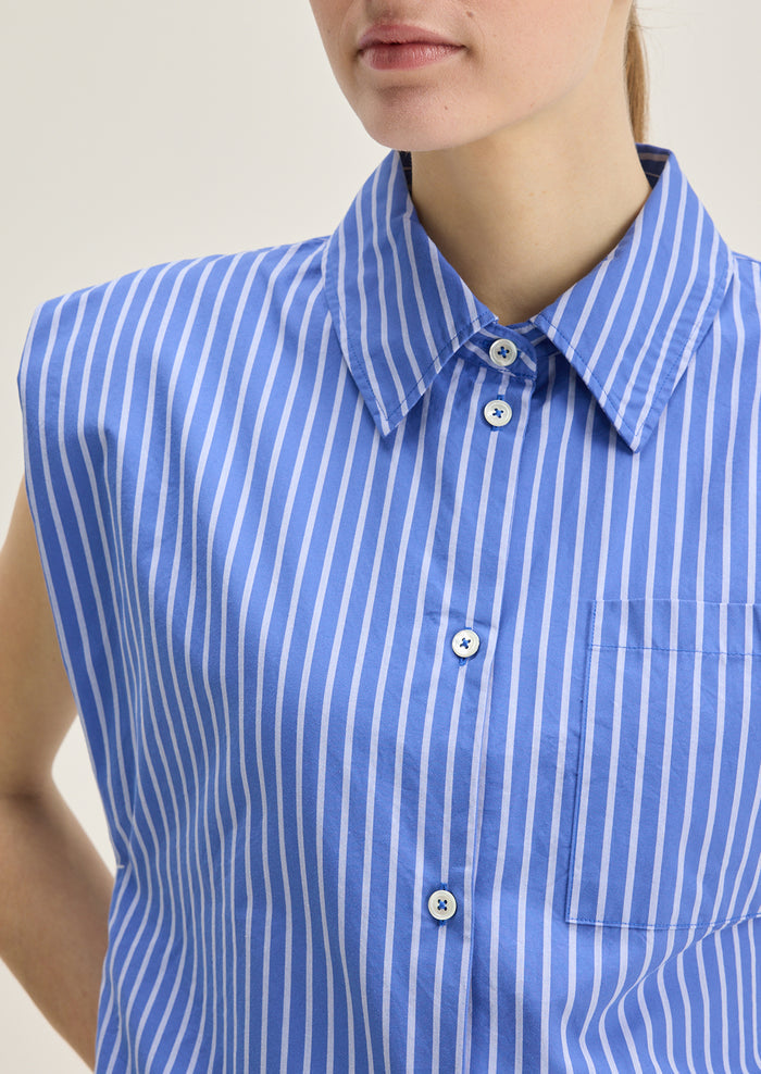 A woman wearing a sleeveless blue striped button down collared shirt.