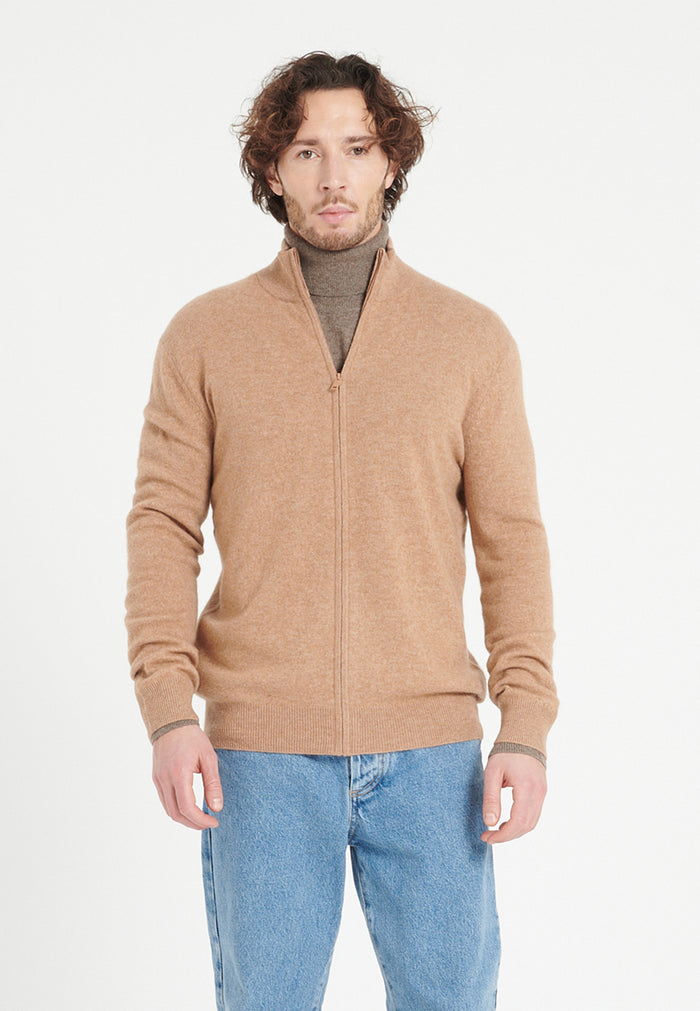 Gilet col montant zippé homme en cachemire camel - LUKE 8