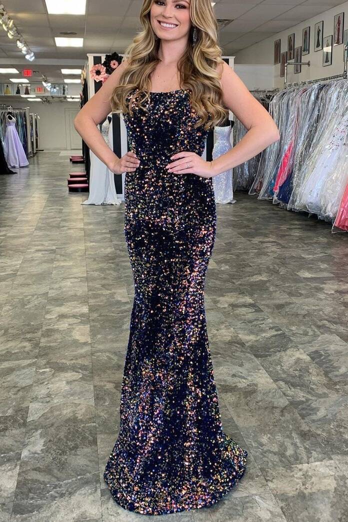 Glitter Mermaid Scoop Neck Full Sequins Long Formal Prom Dress