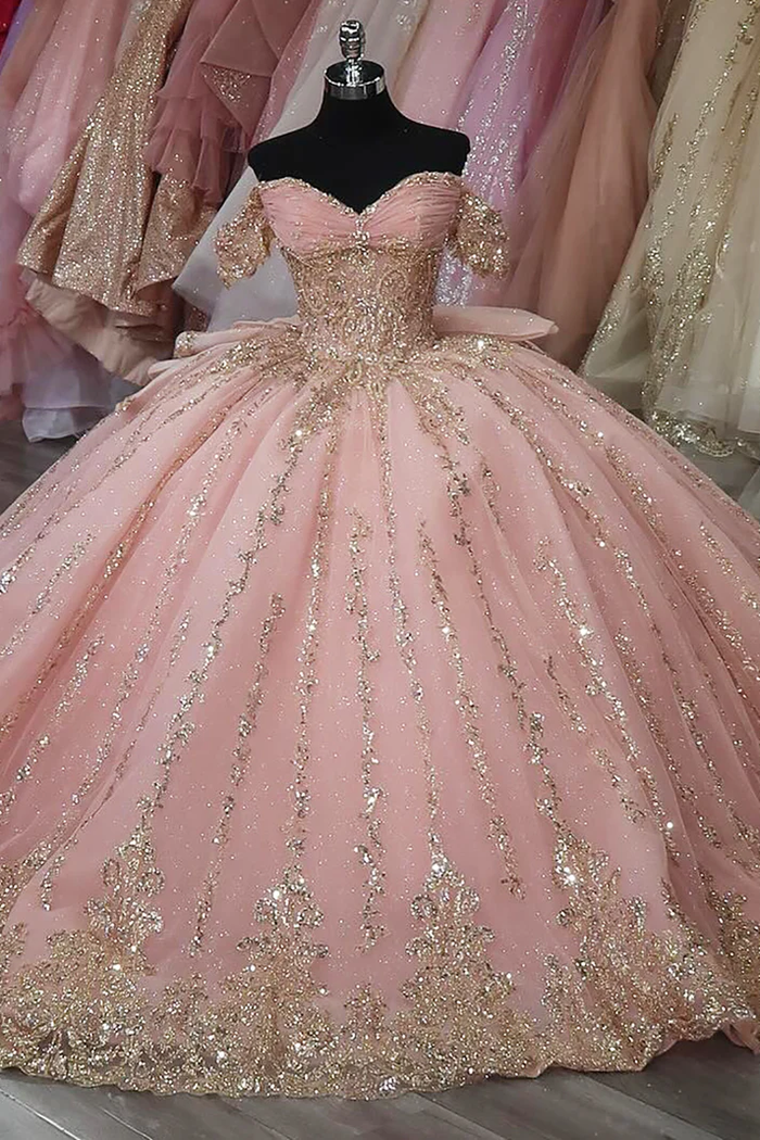 Glittery Tulle Corset Sequin Beaded Pink Quinceanera Dresses for Birthday Party