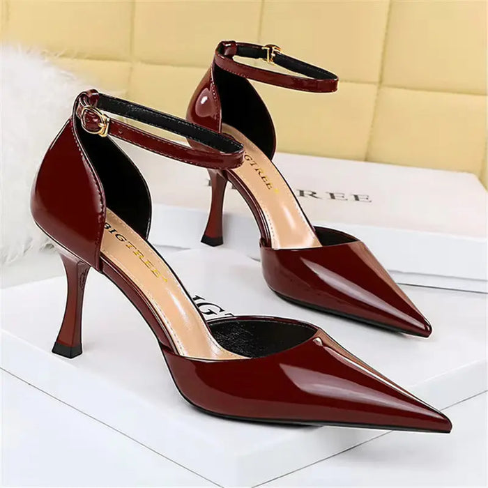 Glossy Ankle Strap Pointed Pencil Heel fashionnsio