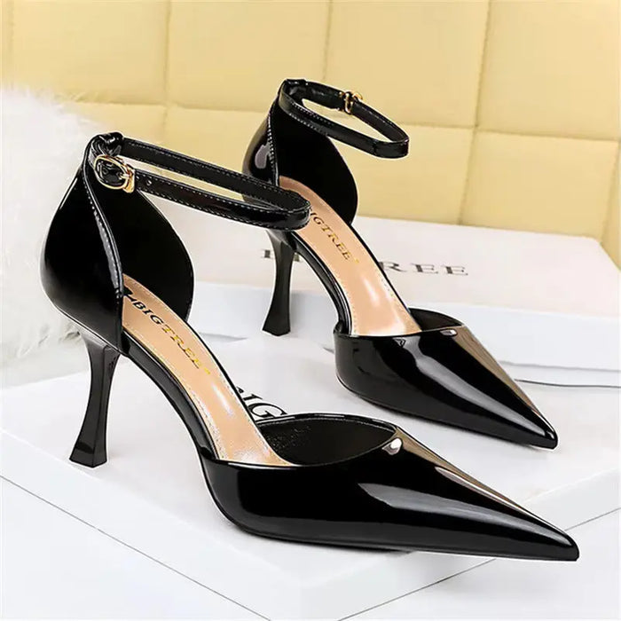 Glossy Ankle Strap Pointed Pencil Heel fashionnsio