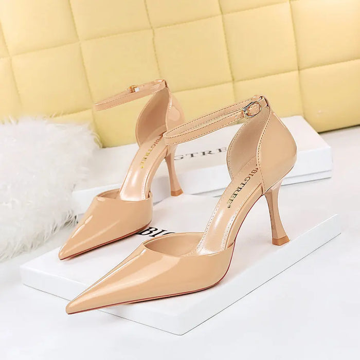 Glossy Ankle Strap Pointed Pencil Heel fashionnsio