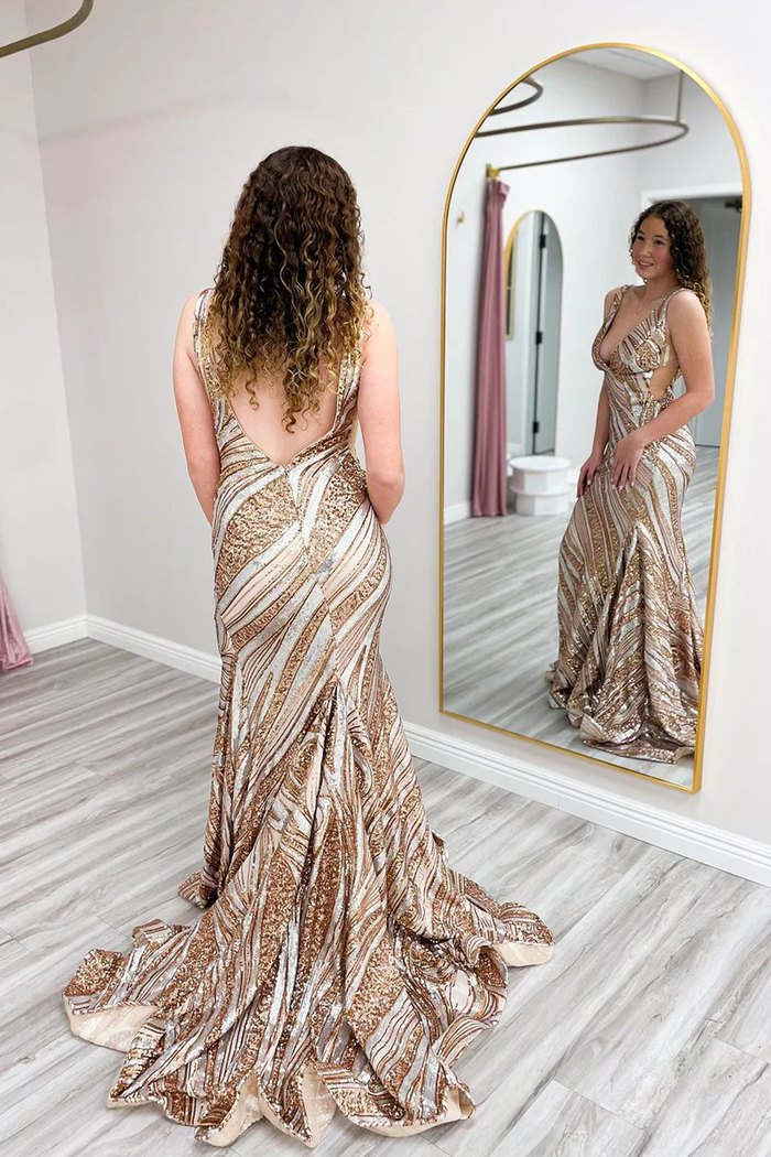 Gold Seqnins V Neck Mermaid Long Prom Dress