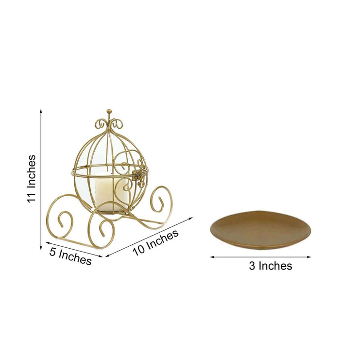 Gold decorative candle holder with matching tray, dimensions included.