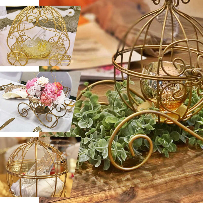 Decorative gold carriage centerpiece with flowers and candle.