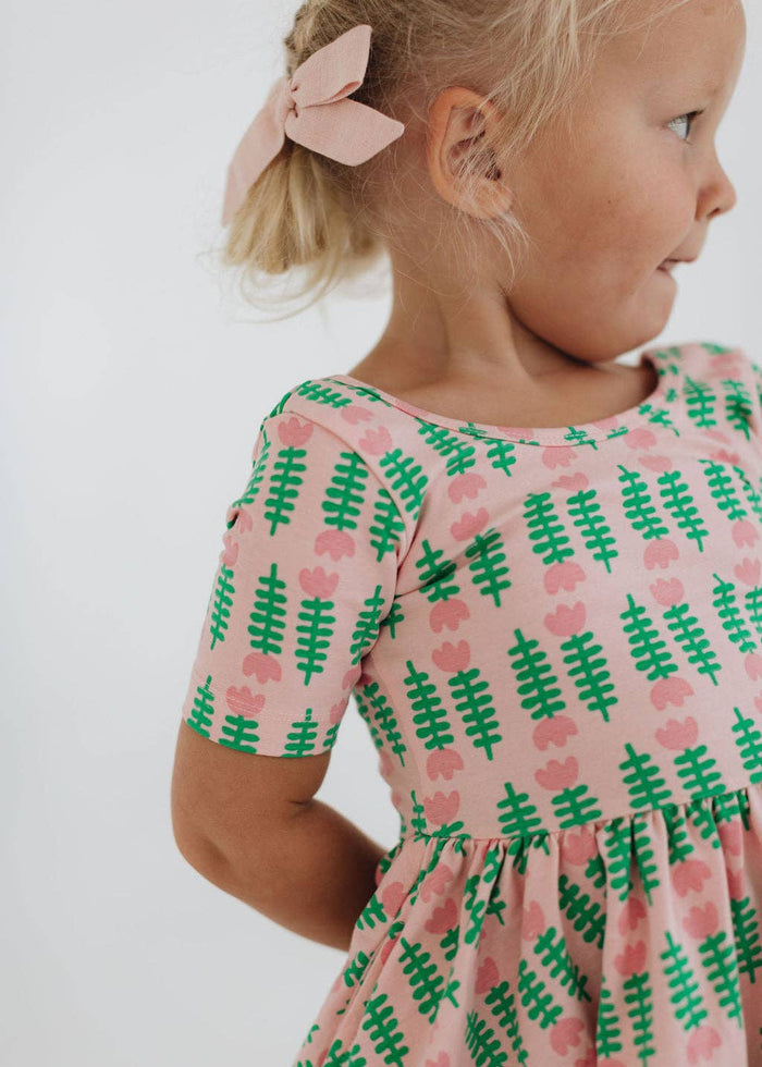 Good Apples Kids Short Sleeve Twirl Dress - Pink Tulips