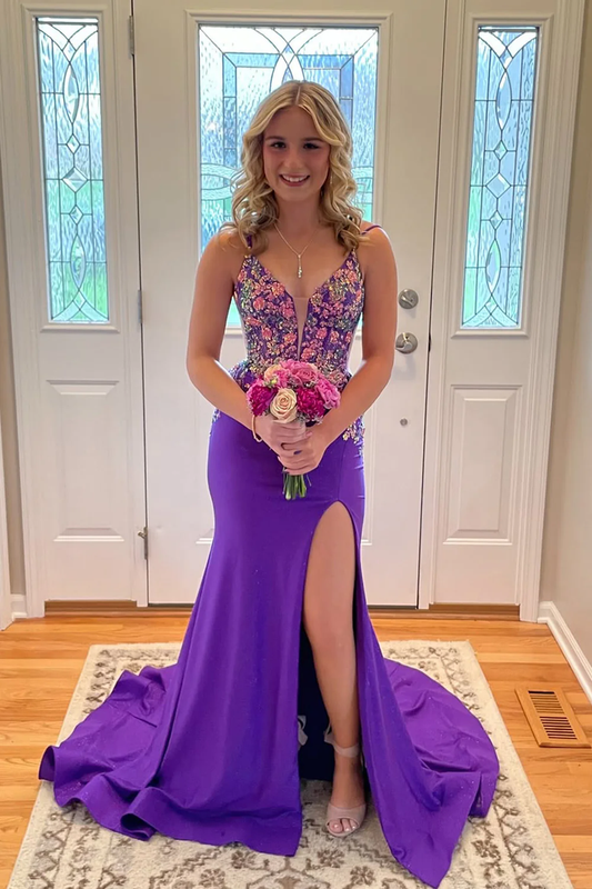 Gorgeous Mermaid V Neck Purple Satin Prom Gown with Appliques