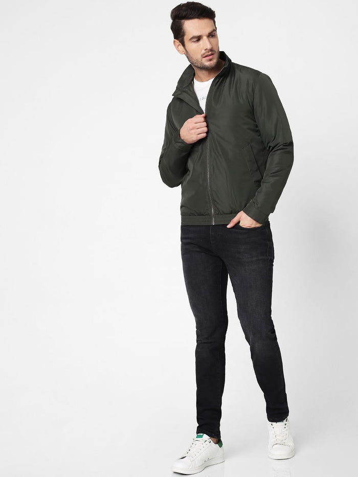 Green High Neck Casual Jacket