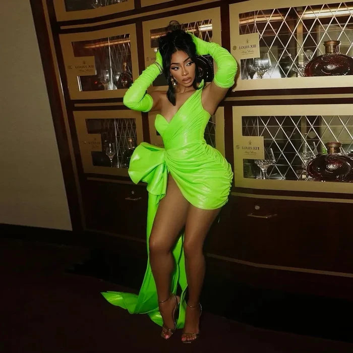 Green Short Mini Dress Overlay Side Newest Prom Gowns Leather Off Shoulder Sexy Women Dress To Party