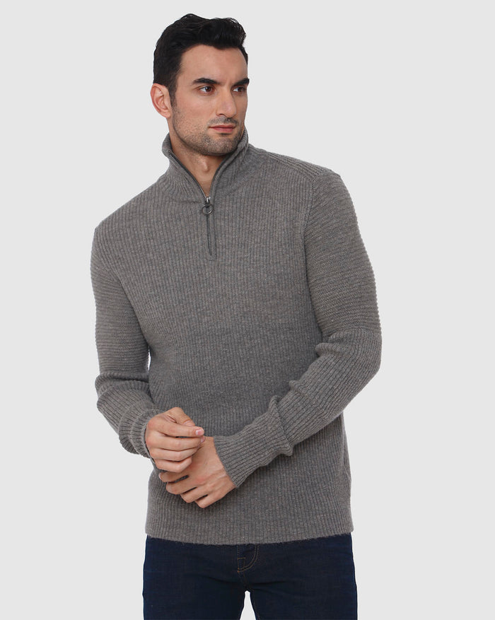 Grey Ribbed High Neck Pullover