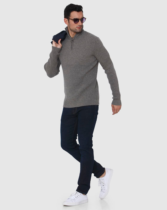 Grey Ribbed High Neck Pullover