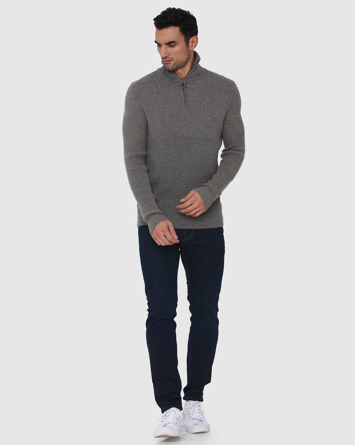 Grey Ribbed High Neck Pullover