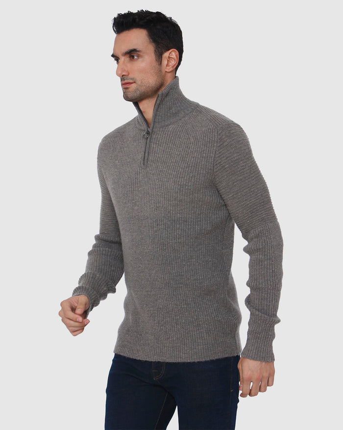 Grey Ribbed High Neck Pullover