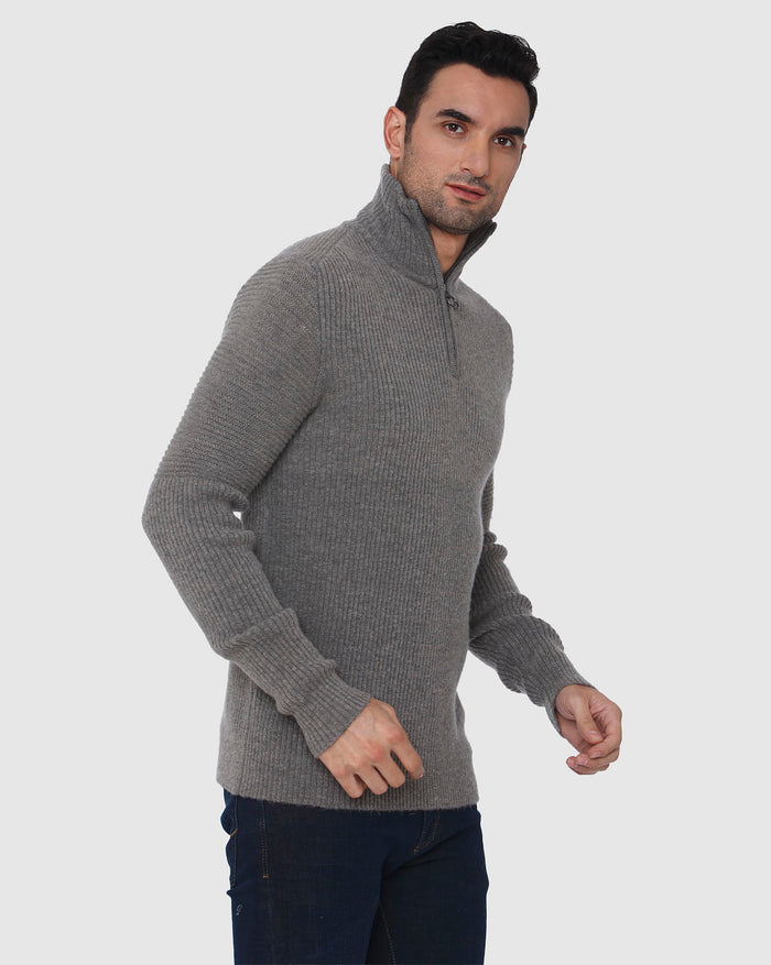 Grey Ribbed High Neck Pullover