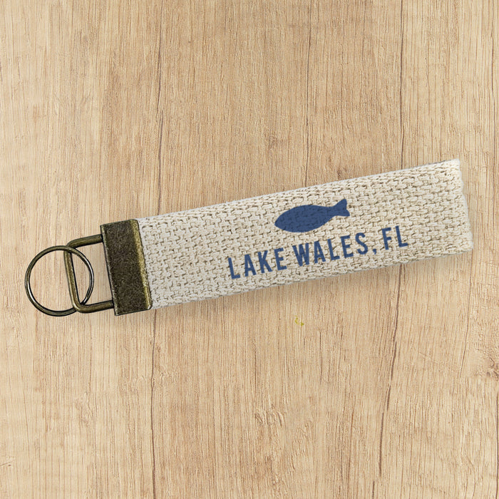 Hand Drawn Fish w/ City, State - Custom Canvas Key Fob