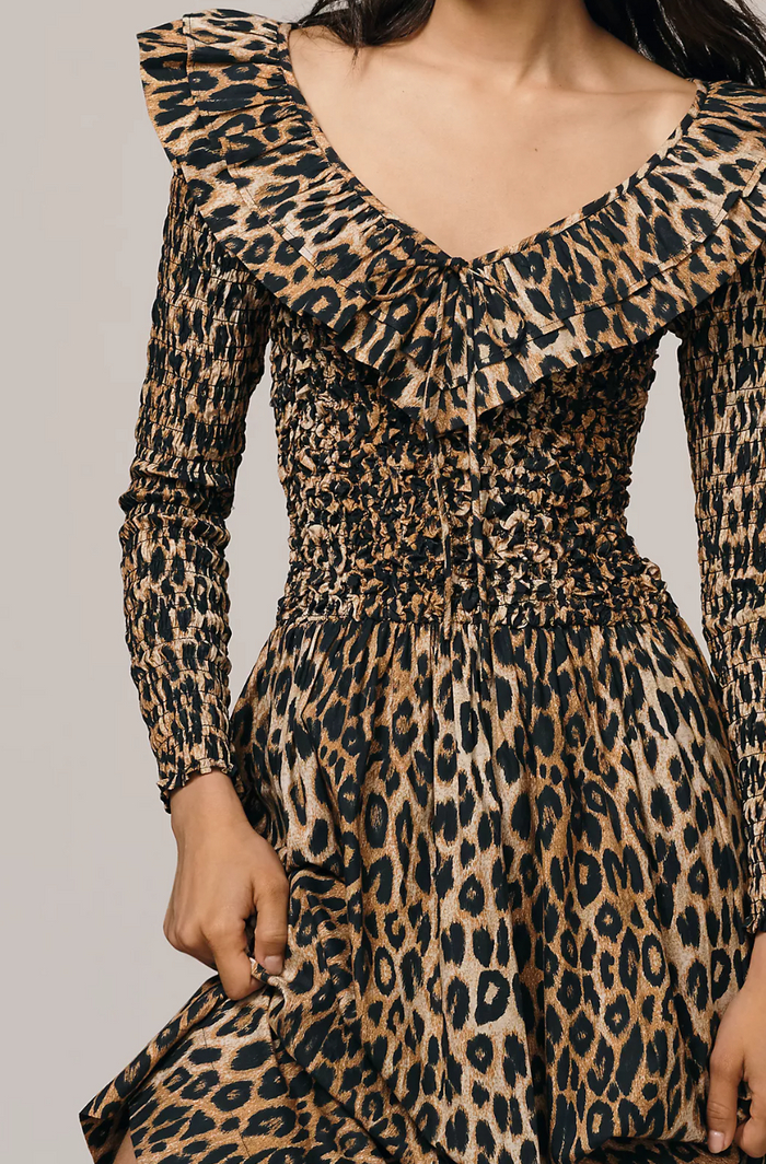 Leopard print dress with long sleeves on a neutral background