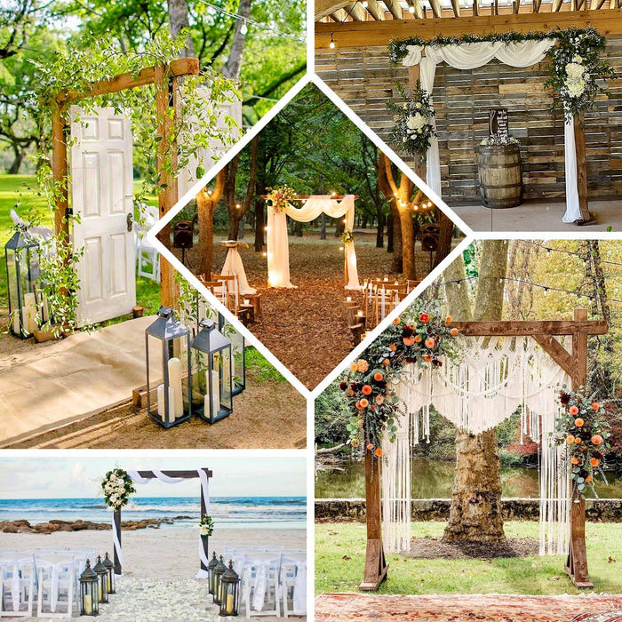 Various wedding arch designs in outdoor settings.