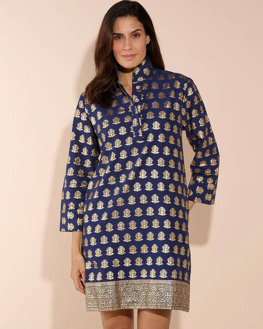 Jude Connally - Helen Dress - Foulard Border Navy Gold