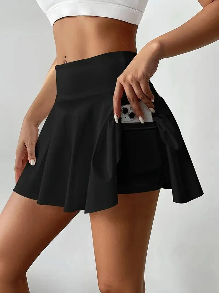 High-Waist Pleated Athletic Skort with Phone Pockets & Anti-Chafing Shorts