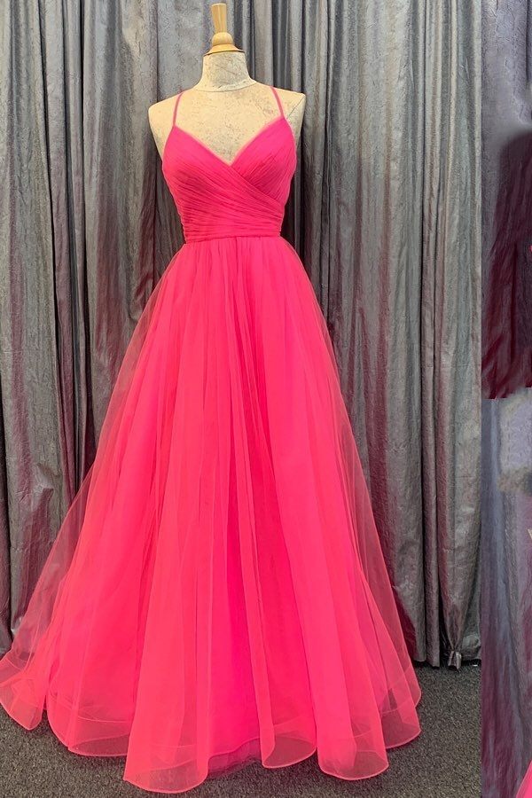 Hot Pink V-Neck Lace-Up Back Pleated A-line Tulle Empire-Waist  Long Prom Dress