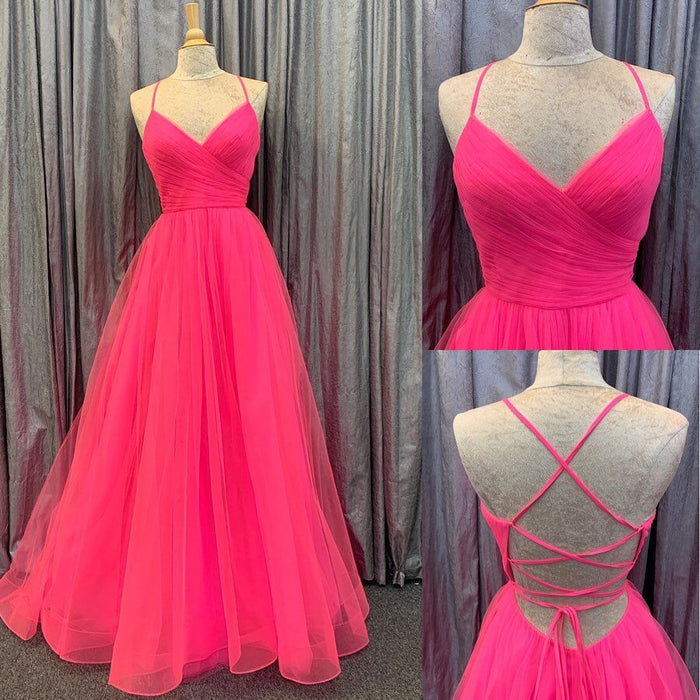 Hot Pink V-Neck Lace-Up Back Pleated A-line Tulle Empire-Waist  Long Prom Dress