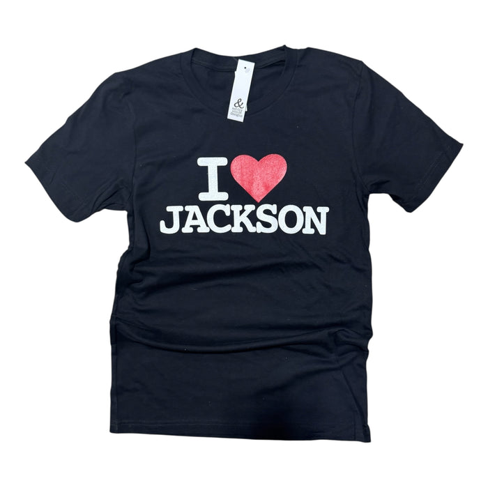 Black t-shirt with 'I ❤️ JACKSON' text on a white background