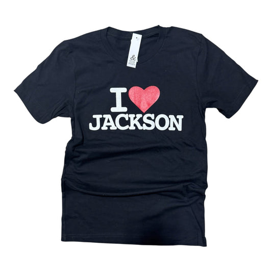 Black t-shirt with 'I ❤️ JACKSON' text on a white background