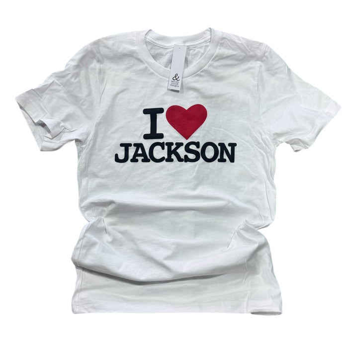 White t-shirt with 'I ❤️ JACKSON' text on a white background