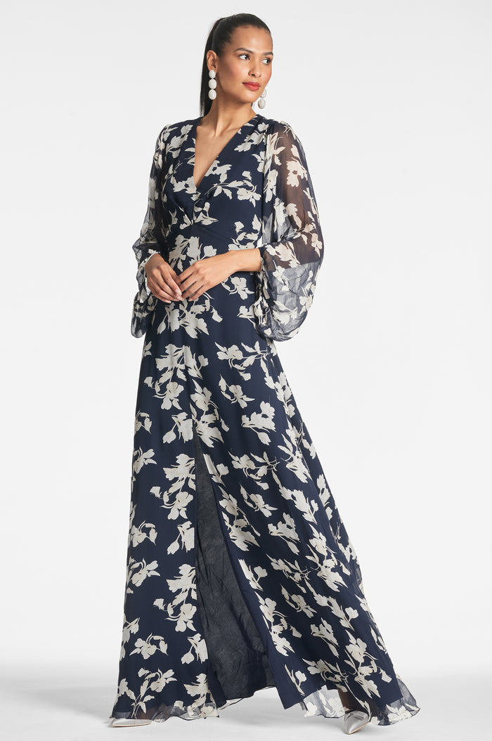 JENNY NAVY FLORAL CHIFFON EMPIRE WAIST GOWN