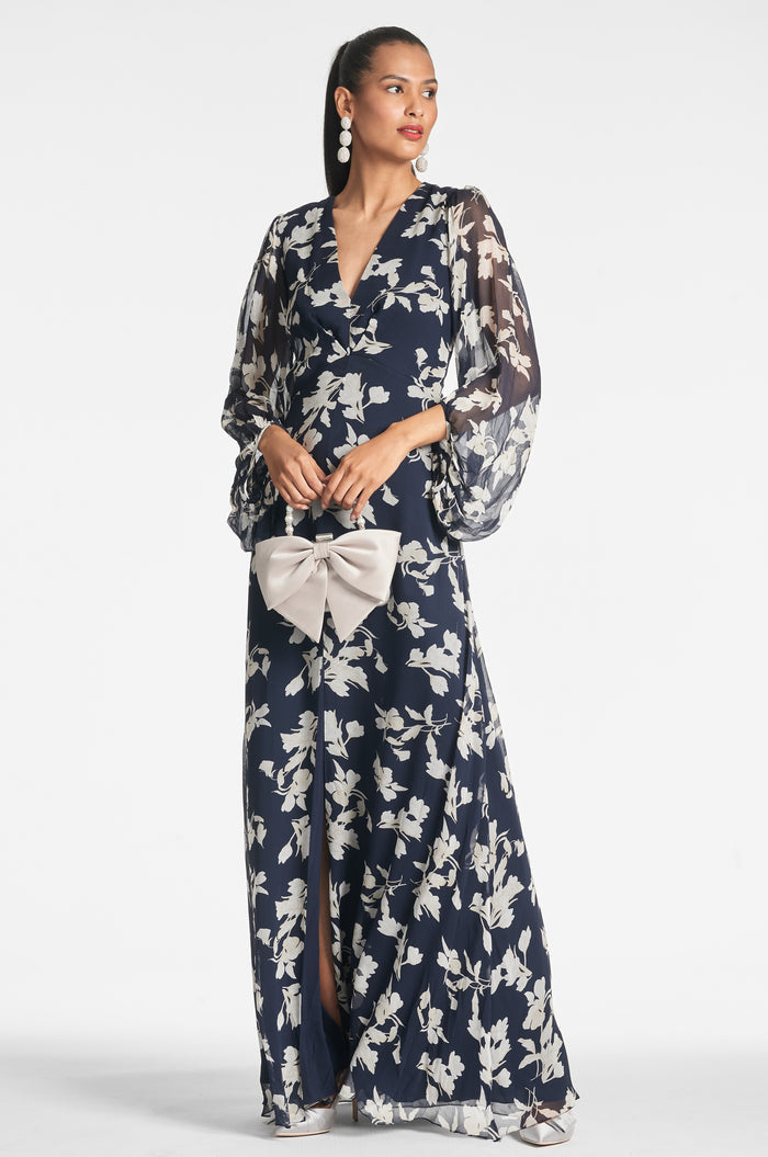 JENNY NAVY FLORAL CHIFFON EMPIRE WAIST GOWN