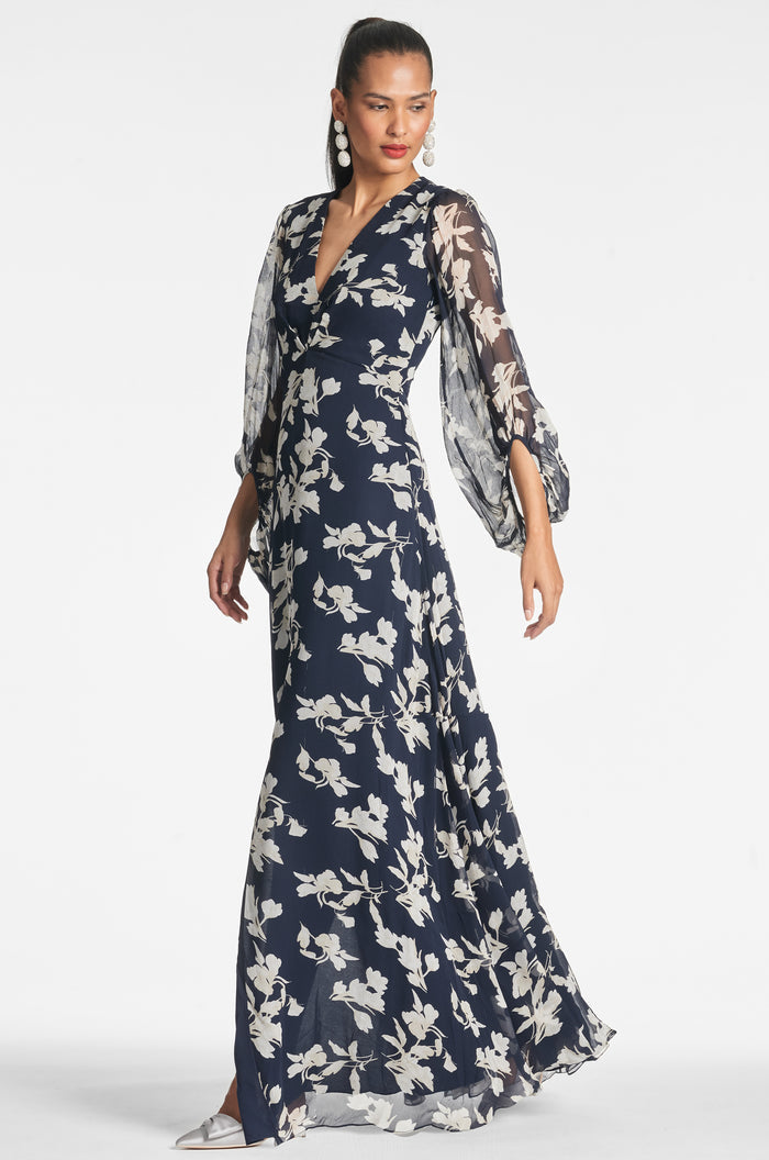 JENNY NAVY FLORAL CHIFFON EMPIRE WAIST GOWN