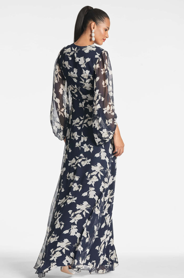 JENNY NAVY FLORAL CHIFFON EMPIRE WAIST GOWN