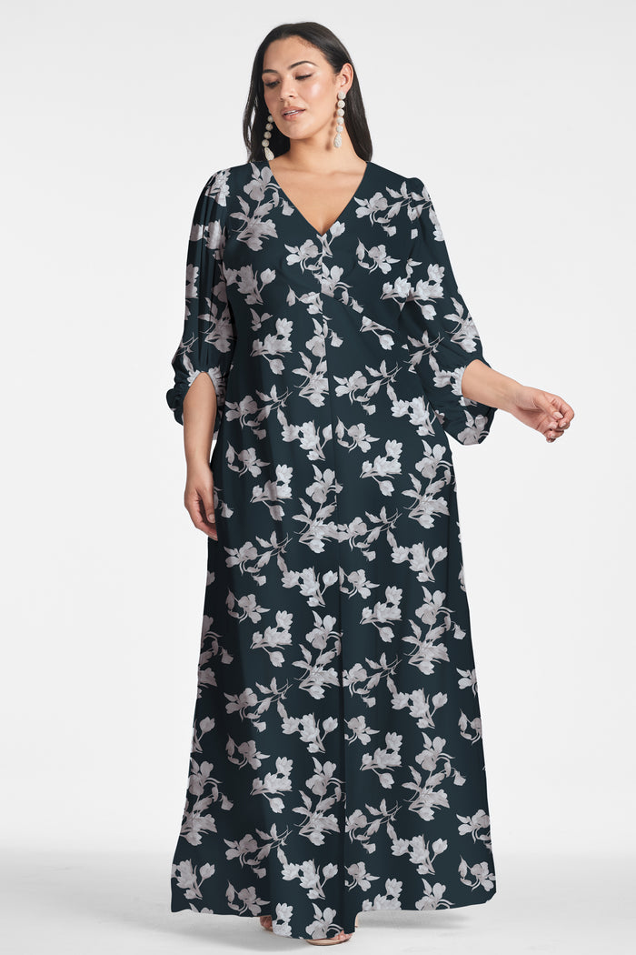 JENNY NAVY FLORAL CHIFFON EMPIRE WAIST GOWN