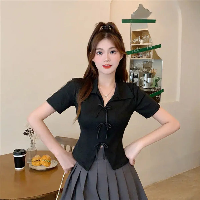 Multi Bow Polo Collar Top fashionnsio