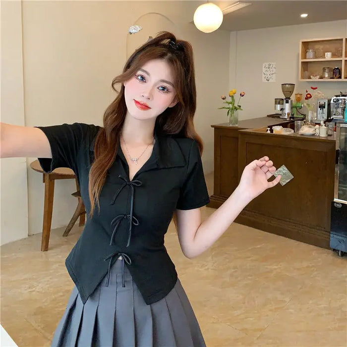 Multi Bow Polo Collar Top fashionnsio