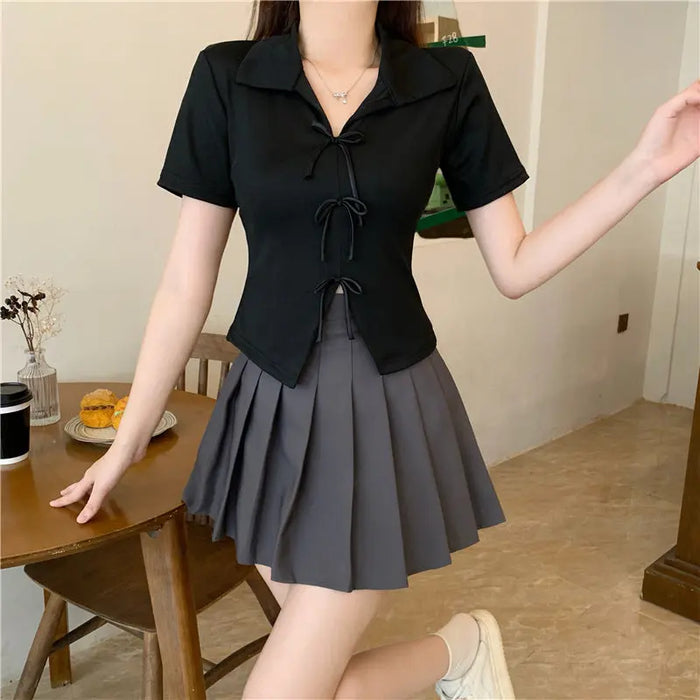 Multi Bow Polo Collar Top fashionnsio