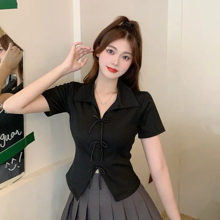 Multi Bow Polo Collar Top fashionnsio