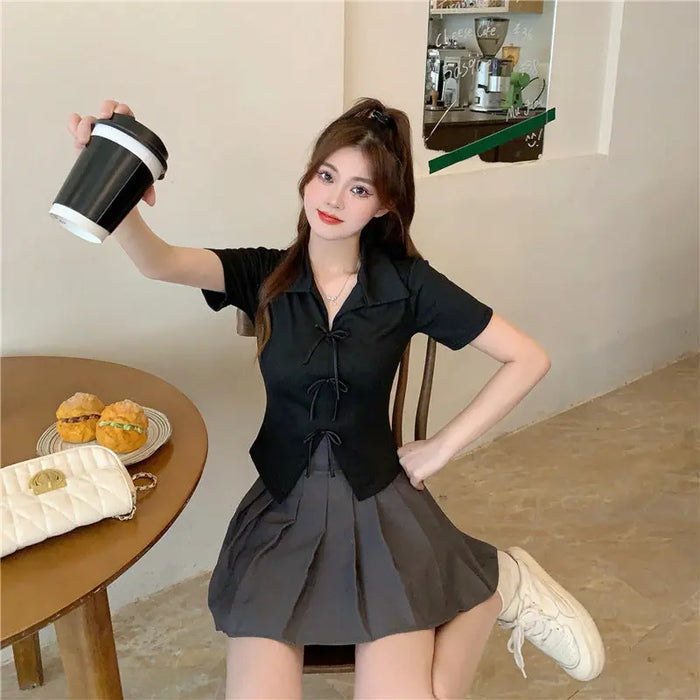 Multi Bow Polo Collar Top fashionnsio