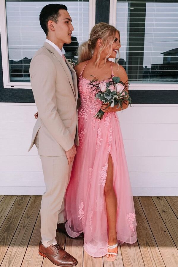 Lace Up Back Pink A-line Empire-Waist Lace Appliques Long Formal Prom Dress