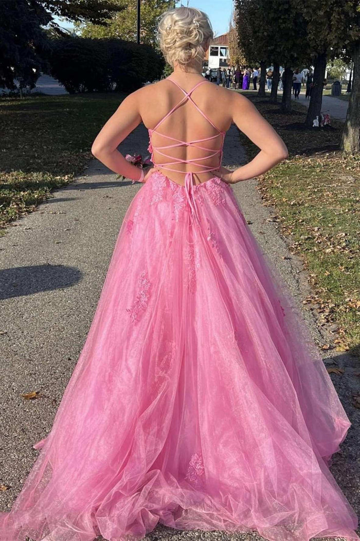 Lace Up Back Pink A-line Empire-Waist Lace Appliques Long Formal Prom Dress