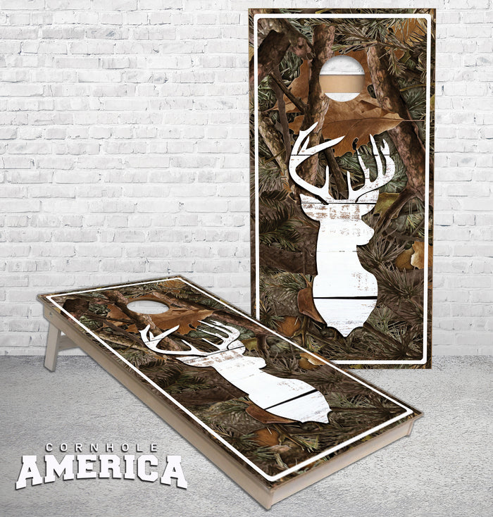 Leafy camo with Rustic Wood Buck Deer Cornhole boards