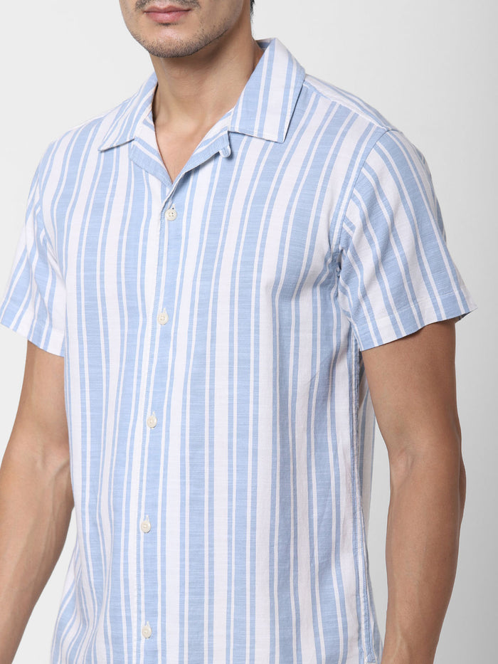 Light Blue Striped Short Sleeves Shirt