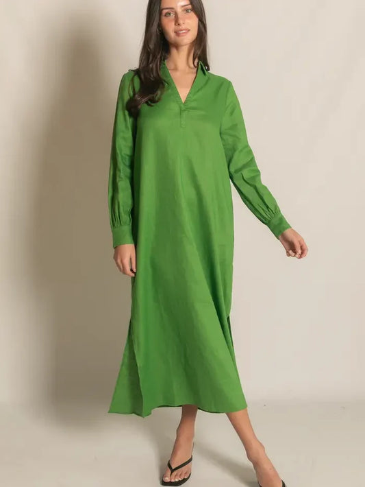 Linen Collared Long Sleeve Dress