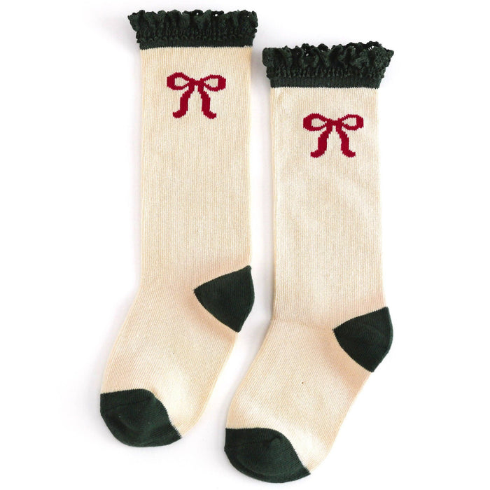 Little Stocking Co. Lace Top Knee High Socks - Vanilla Bow (Final Sale)