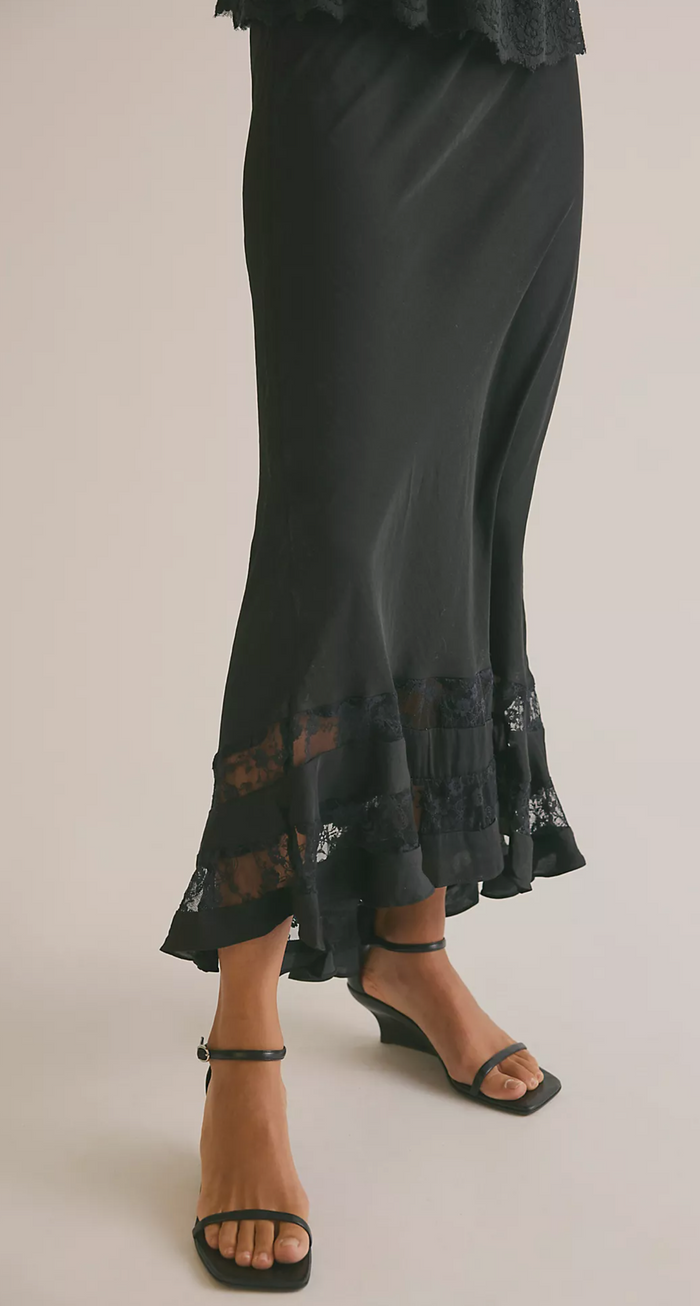 Black skirt with lace details on a plain background