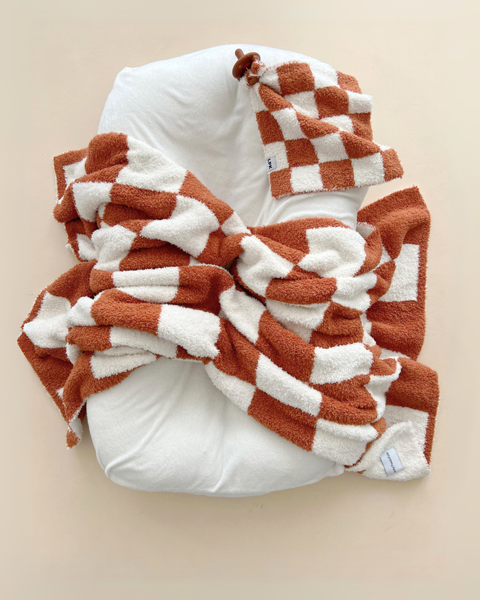 Lucky Panda Kids Baby Blanket - Checkered Plush Copper